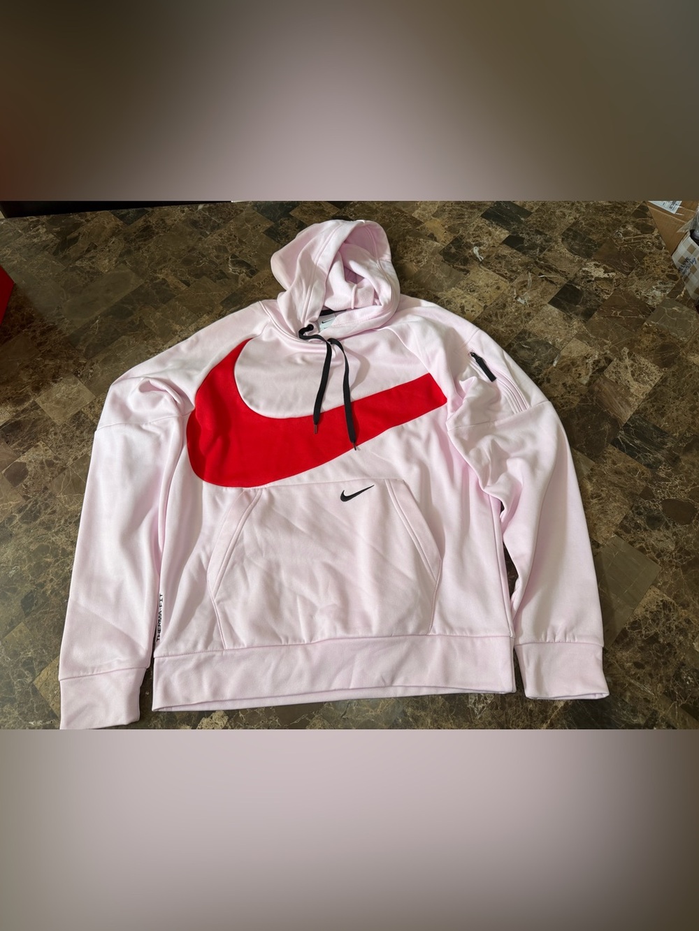 Nike Light Pink Hoodie with Red Swoosh and Black Accents
